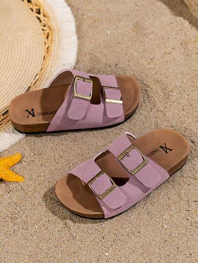 1 Pair Children/Girls' Flip Flops, Pink Suede Upper With 2 Metal Buckles And Soft Cork Sole. Minimalist And Fashionable Design. This 2025 New Arrival Flip Flops, Adopting Boken Shoe Style, Suitable For Girls Aged 3-12 To Wear On Beach, Daily Outings, Etc. Comfortable And...