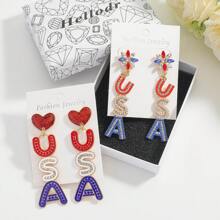 1Pair American Flag Color USA Letter Rhinestone Rice Bead Heart Shape Drop Earrings, Women's Independence Day Party Gift Earrings Pendant