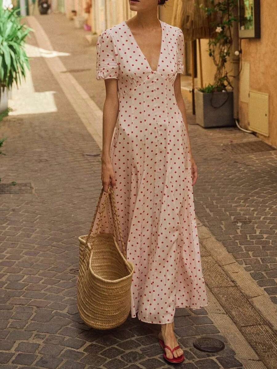 Vestido Longo Maxi Feminino de Verão com Estampa Floral e Poá, Decote em V, Ajustado, Tecido Tecido 120G, Estilo Romântico, Qualidade Premium, Vibes de Deusa