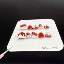 Kids Handmade Strawberry Nail Art Stickers, Hand-Painted Cute Cartoon Nail Strips, Short Style For Kids, S/M/L Size