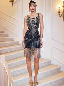 LNVES 1920s Vintage Gatsby Ball Dress, koralikowa sukienka z cekinami i frędzlami na dole dla kobiet na bal powitalny