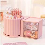 Large Capacity 360° Rotating Makeup Organizer With Drawer - Multi-Functional Creamy Yellow Cosmetic Brush Holder, Pen Cup, And Vanity Storage Box For Dresser And Bathroom Countertops, Desk Accessory Holder | Sleek Vanity Design | Polished Yellow Finish