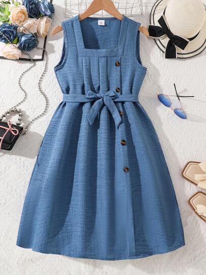 Left Mama Elegant Simple Square Neck Sleeveless Dress For Girls, Summer