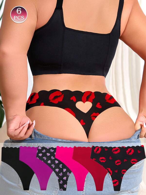 6 Pcs Women Plus Size Sexy Cute Hollow Out Love Shape Sexy Thong, Pink Stretchy Panties, Women's Lingerie & Underwear