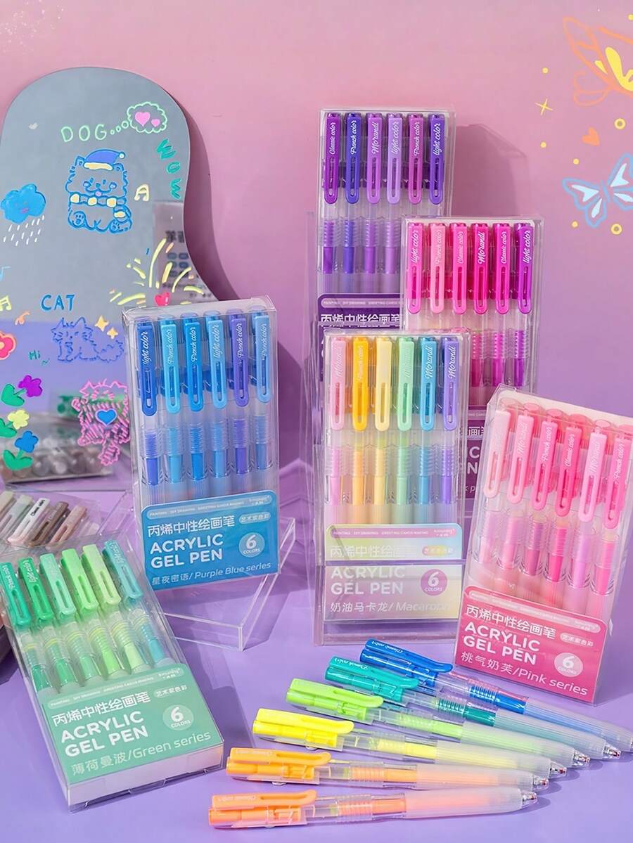 6 支装多色丙烯画画凝胶笔套装，0.5 毫米圆珠笔荧光笔，适用于木材、陶瓷、帆布、指甲、玻璃