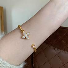 优雅百搭 18K 镀金四叶草锆石奢华女士可扩展手镯 - 金色 - 查看 6