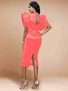 Shiny High Neck Ruffled Tiered Sleeves Midi Dresses For Women Elegant High Waist Formal Party Cocktail Dress,For Birthday, Wedding Guest, Graduation, Dinner, Homecoming