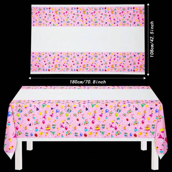 1pc Colorful Balloons & Party Hat Patterned Tablecloth, Suitable For Birthday Party Decoration, Kitchen, Outdoor Gathering, 108*180cm