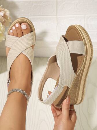 Women's Wedge Platform Sandals, Elegant Fashion Casual Comfortable Versatile Adjustable Criss-Cross Strap Wedge Sandals For Outdoor/Indoor Party, Lightweight Khaki Color High Heel Beach Sandals