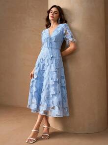 Elegant V-Neck High-End Embroidered Fabric A-Line Luxury Fashion Dress For Women - Blue - View 6