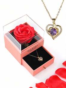 1 Set Artificial Rose Gift Box Necklace, "I Love You" In 100 Languages Necklace, Mother's Day, Valentine's Day Gift For Mom, Wife, Daughter, Grandma, Granddaughter