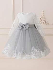Young Girls Lace Long Sleeve Bow Mesh Elegant Flower Girl Princess Dress, Suitable For School, Piano Recital, Formal Occasions, Does Not Include Headband - Grey - View 3