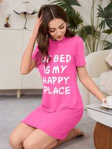 Nightgown - Slogan Print Nightgown - Short Sleeve, Round Neck, Casual - Loungewear, Home Wear - Women - Comfortable And Fashionable - Fashionable Sleep, Sweet Dreams - Hot Pink - View 5
