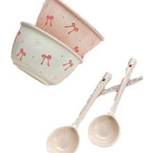 6 件套可爱蝴蝶结陶瓷餐具套装（2 个碗、2 个盘子、2 个勺子）、麦片/燕麦片碗、早餐盘，适合返校、节日礼物、居家/餐厅/派对使用，可微波炉加热