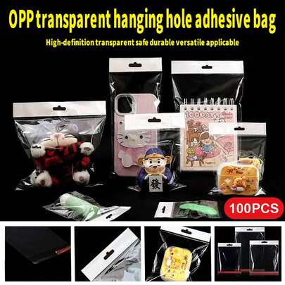 100 个透明 OPP 孔头袋、珠宝和卡片展示收纳自粘袋