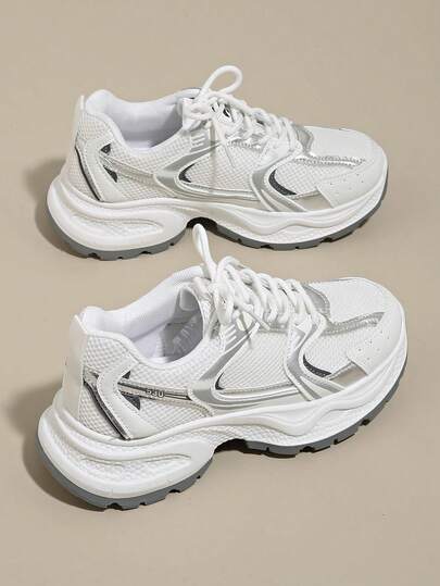Women's Spring/Autumn New Casual Chunky Sneakers, Mesh Breathable Thick Sole Wedge Heel Leisure Shoes, Lightweight Versatile Fashion Lace-Up White/Gray Casual Sneakers, Suitable For All Seasons