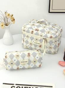 1 pezzo Borsa trucco casual carina a quadri beige, grande capacità, con cerniera, portatile, per il viaggio, per la conservazione di articoli di cancelleria, elementi essenziali per le vacanze, cosmetici, chiavi, cuscinetti, auricolari, telefoni cellulari, caricabatterie, rossetti, cosmetici, profumi, prodotti per la cura della pelle e della bellezza, per la conservazione in bagno a casa, adatta per mamme, donne, infermiere, studenti, ragazze, regali per le vacanze e il ritorno a scuola