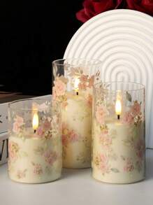 3 pièces Bougies sans flamme roses, bougies à LED clignotantes à piles à thème de l'amour en acrylique avec télécommande, autocollants de fleurs roses, bougies de colonne réalistes, convenant à la chambre, à la décoration d'intérieur, à la décoration de table à manger