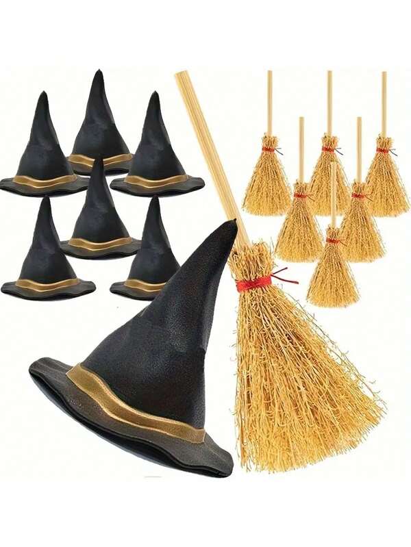 10 pièces Ensemble mini chapeau de sorcière et balai d'Halloween - Décorations en plastique PVC pour capsules de bouteilles, cadeaux de fête, fabrication d'ornements - Pas besoin d'alimentation ou de batterie, convient pour la décoration d'été, d'automne et d'hiver
