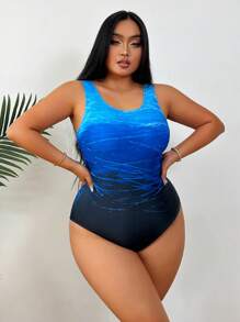 Plus Size Ombre Blue & Black One-Piece Swimsuit
