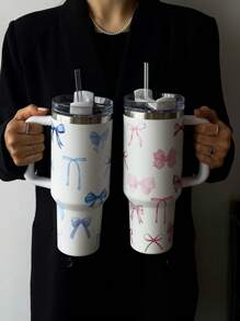 1pc Romantic Bow Decor 40oz/14oz Large Capacity Handled Tumbler, Insulated Stainless Steel Vacuum Cup, Suitable For Travel, School, Office, Outdoor, Gym, Home And More, Gift For Women & Teens, Holiday & Birthday Gift (With Straw)