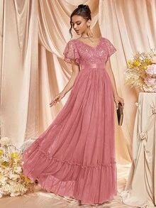 MIUSOL 优雅深 V 领亮片蕾丝网眼荷叶边袖晚会长裙，适合婚礼宾客、毕业典礼、返校节 - 藕粉色 - 查看 6