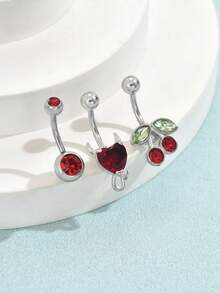 3 Pieces Set Silver Stainless Steel Red Cherry Belly Button Rings Body Jewelry For Women, Western Belly Button Piercing Jewelry, Cherry Decor Navel Ring Piercing Summer Beach Jewelry Accessories Suitable For Mother'S Day, Birthdays And Gifts - Silver - View 7