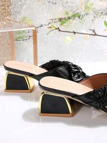 Women's Basic Rhinestone Pleated Thick Heel Slide Sandals - Black - View 4
