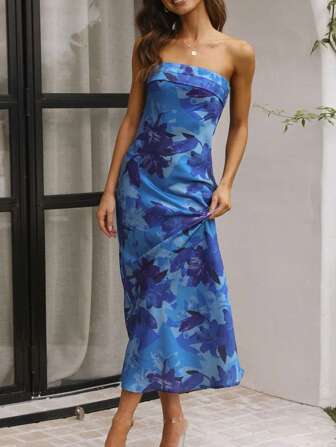 1 件花卉印花优雅波西米亚针织面料露背拉链交叉中长连衣裙，适合春夏季休闲街头服饰