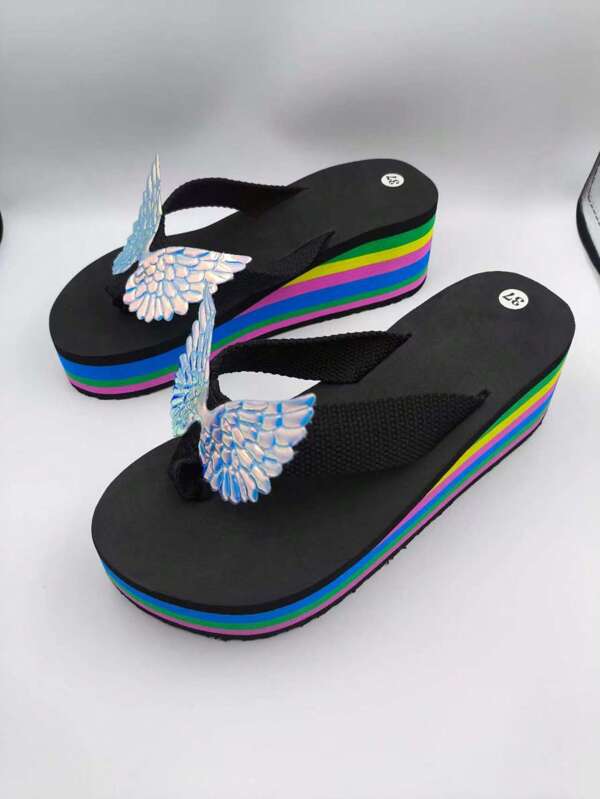 New Summer Slanted Beach Sandals, Rainbow Color Wedge Thick Bottom Flip Flops For Beach, Vacation