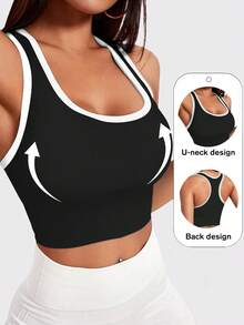 Yefecy Áo ngực thể thao yoga dệt kim gân màu trơn cơ bản, áo ngực thể thao không gọng, chống sốc, có đệm, dành cho nữ, đồ thể thao nữ. - Đen và trắng - Xem 6