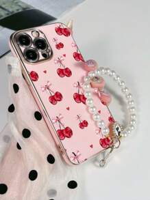 1pc Pink TPU Cherry Pattern Shockproof Phone Case & 1pc Pearl Bow Decor Versatile Creative TrendPersonalizedty Full Coverage Phone Case