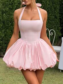 Women's Y2K Halter Corset Mini Dress Backless Corset Bubble Ruched Waist Club Party Dresses - 粉色 - 查看 3