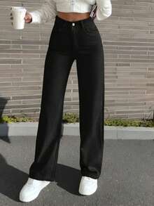 Women's High Waist Relaxed Fit Jeans With Pockets Details Gray Washed With Pockets Office Women Outfits - Black - View 4