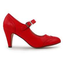 Women Mary Jane Pumps – Round Toe Retro Low Kitten Heels With Ankle Strap & Memory Foam Insole, Vintage 1950s Cone Heel Dress Shoes For Weddings, Bridesmaids, Date Night, Parties & Business Casual [Size Up Half Size] - Pu đỏ - Xem 2