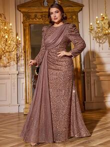 Plus Size Women V-Neck Sequin Embellished Bishop Sleeve Ruched Slit Dress, Elegant Evening Gown,Party Dress,Formal,Wedding Guest - 咖啡棕 - 查看 4
