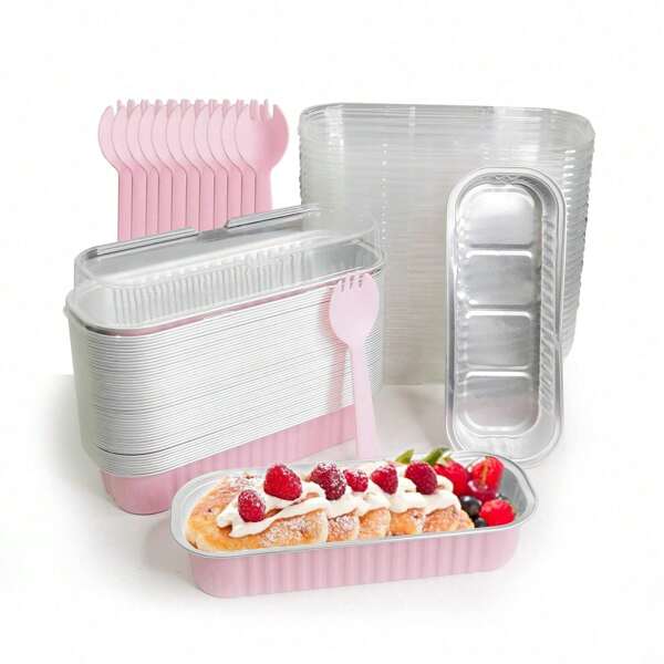 50 Stücke 200 ml rechteckige Aluminiumfolie Backform mit Deckel und Löffel, in rosa, Mini-Brotauflauf, rechteckiger Backbehälter Küchenausstattung, Muffinform, Kuchenform mit Deckel, Muffinförmchen, Torten, Sahnetorte