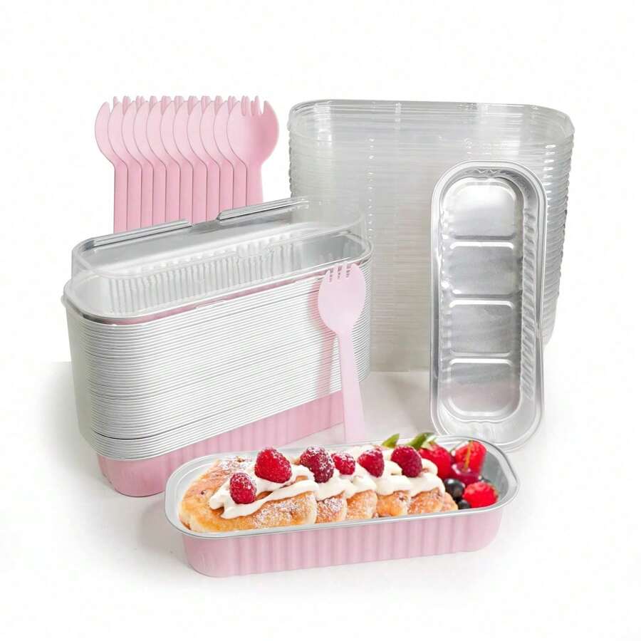 50 Stücke 200 ml rechteckige Aluminiumfolie Backform mit Deckel und Löffel, in rosa, Mini-Brotauflauf, rechteckiger Backbehälter Küchenausstattung, Muffinform, Kuchenform mit Deckel, Muffinförmchen, Torten, Sahnetorte