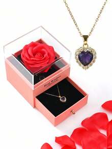 1 Set Artificial Rose Gift Box Necklace, "I Love You" In 100 Languages Necklace, Mother's Day, Valentine's Day Gift For Mom, Wife, Daughter, Grandma, Granddaughter