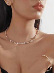 4 Peças Conjunto de Colar, Pulseira e Brincos com Pérola Francesa de Fileira Única, Zircônia, Strass, Acessórios de Vestido de Noiva e Casamento, Colar Gargantilha