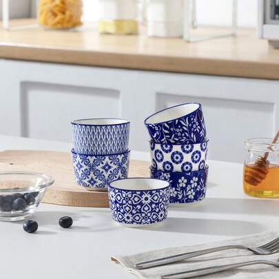 vancasso 6 Pieces Baking Bowl Set, Blue And White, Porcelain Dinnerware, Round Baking Bowl, Ceramic Stamping In Bohemian Style, Remekin, Maffen Baking Dish, 4OZ, Ceramic Decal