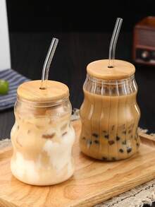 1 件 550ml 创意形状玻璃杯，带竹盖和吸管的美观饮水杯，水杯，冰咖啡杯，果汁杯，奶茶波霸杯，可重复使用的玻璃杯，夏季饮料玻璃器皿，竹盖杯，适合家庭、办公室、派对、生日乔迁礼物，罗纹/光滑款式
