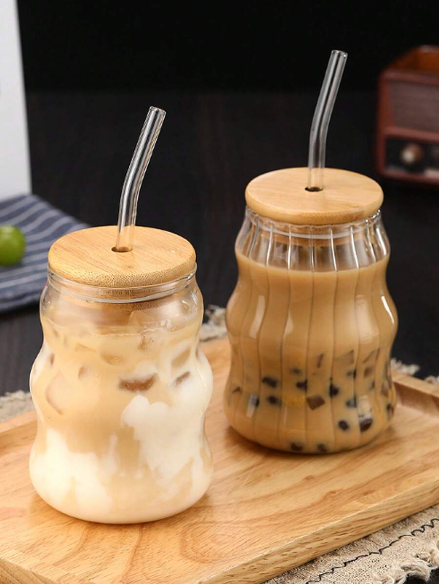 1 件 550ml 创意形状玻璃杯，带竹盖和吸管的美观饮水杯，水杯，冰咖啡杯，果汁杯，奶茶波霸杯，可重复使用的玻璃杯，夏季饮料玻璃器皿，竹盖杯，适合家庭、办公室、派对、生日乔迁礼物，罗纹/光滑款式