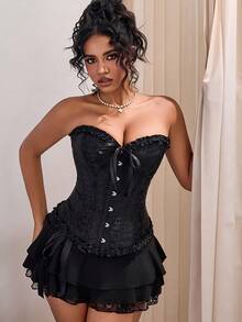 Sexy Black Longline Boned Corset Jacquard Pattern Hook Front Frill Trim Bow Decor Grommet Tie-Up Back Backless Tube Tops Y2K Party Overbust Shapewear With Lace Ruffled Hem Bowknot Cake Mini Skirt Two Pieces Set For Women Halloween Costumes Partywear - Black - View 5