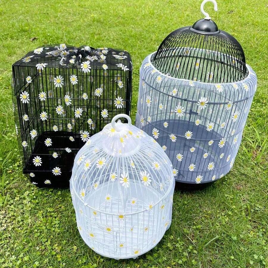 1 pieza Funda elástica a prueba de polvo con estampado floral de margarita para jaula de pájaros, adecuada para pájaros durante todo el año