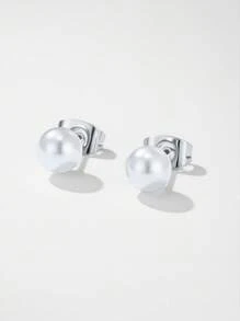 1 Pair Minimalist European And American Style Geometric Cubic Zirconia Stud Earrings, Silver Faux Pearl Earrings, Women Accessories For Daily Wear