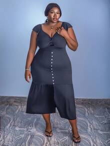 CurvyTilda Tildaharris Plus Size Women's Sweetheart Neckline Ruffle Hem Slit Dress Maxi Women Outfit, For Hourglass Body Shape, For Body Shape, For Summer - Black - View 6