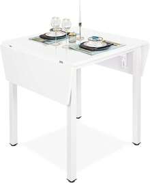 Dining Table And Set Of 2/4 Chairs, Drop Leaf Kitchen Table With PU Leather High Back Chair - White Table + 4 Gray Chairs - View 5