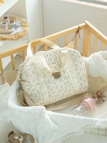 1 件绗缝碎花和熊图案手提包，田园妈妈婴儿车挂袋，便携式多功能孕妇尿布包，适合户外使用