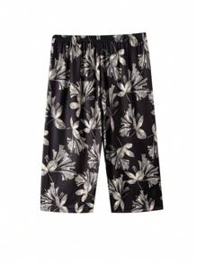 3pcs Women's Plus Casual Sleep Shorts, Plus Size Floral Print Elastic Waist Loose Home Wear Capri Pants